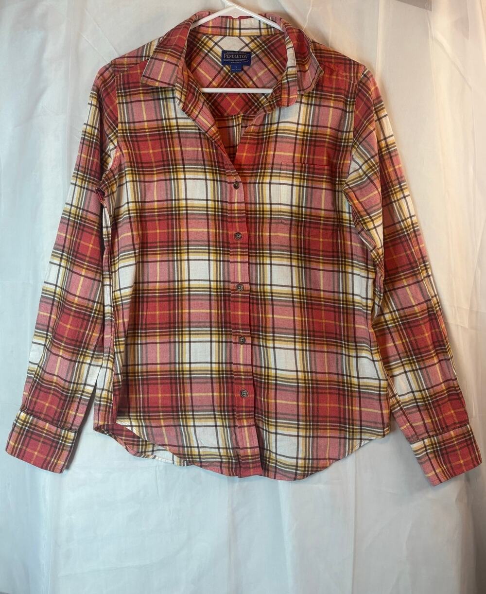 Pendleton Red Orange Plaid Long Sleeve Flannel Size Small